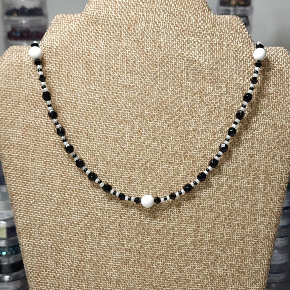 Anglican Rosary Prayer Beads Necklace Black White, Eucharist