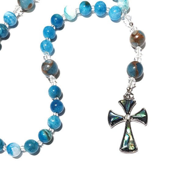 Anglican Rosary Prayer Beads - Sky Blue Hemimorphite, Blue Quartz and Bronzite