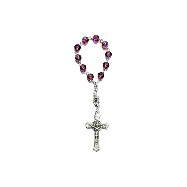 One Decade Finger Rosary - Czech Amethyst AB Druks, St. Benedict Crucifix
