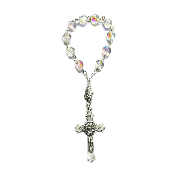One Decade Finger Rosary - Czech Crystal AB Glass Beads, St. Benedict Crucifix