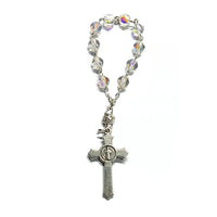 One Decade Finger Rosary - Czech Crystal AB Glass Beads, St. Benedict Crucifix backside