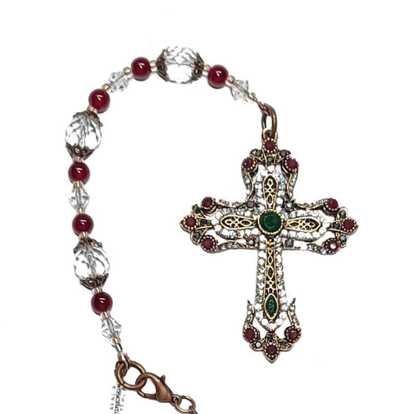 Rearview Mirror Car Charm - Ornate Cross, Burgundy, Green, Clear