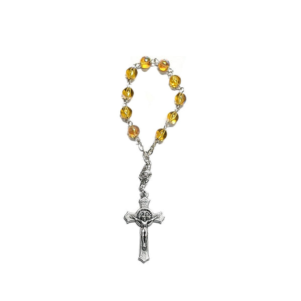 One Decade Finger Rosary - Czech Light Topaz AB Druks, St. Benedict Crucifix