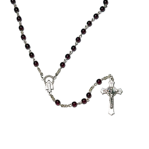 Catholic Rosary - Dark Garnet Glass Beads, St. Benedict Crucifix