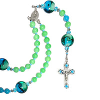 Rosary (Catholic) - Blue, Green Glass Beads, Confirmation, Holy Family, Spirit