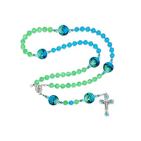 Rosary (Catholic) - Blue, Green Glass Beads, Confirmation, Holy Family, Spirit