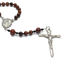 up close of Catholic Rosary - Mahogany Obsidian, Divine Mercy, Nail Crucifix