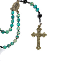 Catholic Rosary - Bronze 5-Way Trinity Jubilee Crucifix, Green & Black Jasper