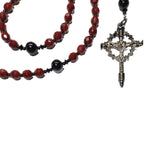 Catholic Rosary - Snake Like Red Czech Glass Beads, Gunmetal Nail Crucifix
