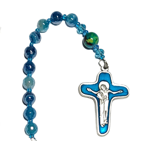 Rearview Mirror Car / Pocket Rosary - One Decade (Tenner) Blue Banded Agate, Mary & Jesus