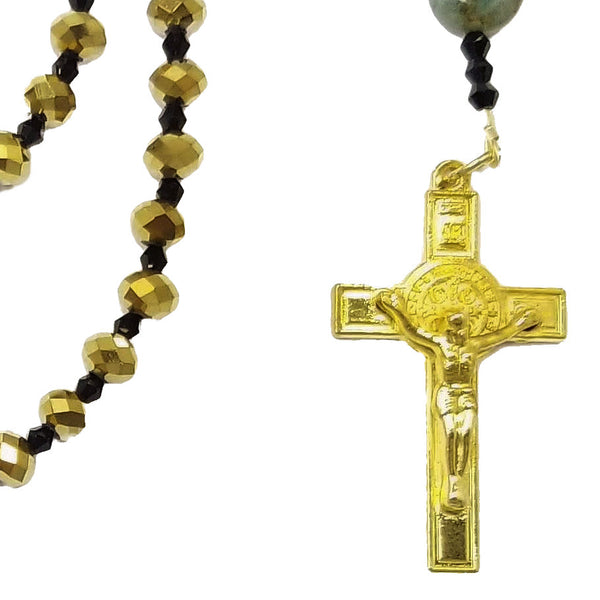 Rosary with Gold tone crucifix, gold rondelle glass crystals
