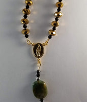 Catholic Rosary - Green Stones, Gold Glass Crystals, Black Crystals