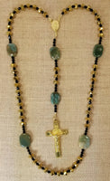 Catholic Rosary - Green Stones, Gold Glass Crystals, Black Crystals