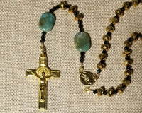 Rosary with green stones for the Pater, Gold glass Crystals for the Hail Marys,  for Holy family, Holy Spirit