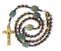 Catholic Rosary - Green Stones, Gold Glass Crystals, Black Crystals