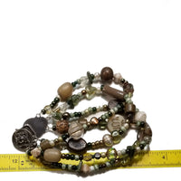 Vintage 4 Strand Bracelet - Greens, Browns, White Mixture of Beads, Silver Clasp