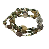 Vintage 4 Strand Bracelet - Greens, Browns, White Mixture of Beads, Silver Clasp
