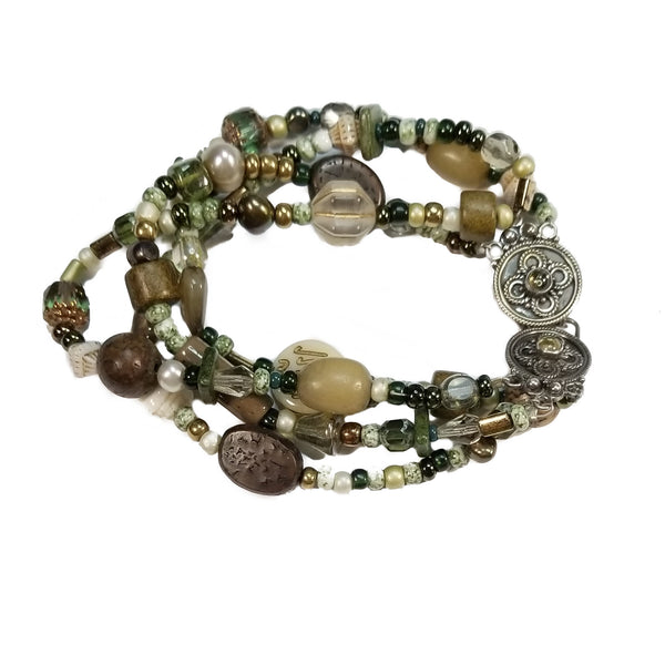 Vintage 4 Strand Bracelet - Greens, Browns, White Mixture of Beads, Silver Clasp