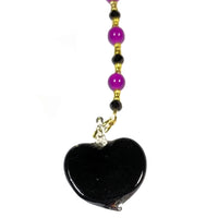 Rearview Mirror Car Charm - Glass Heart with Flower, Black, Goldtone