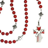 confirmation rosary with red beads, metal crosses, red cross with dove