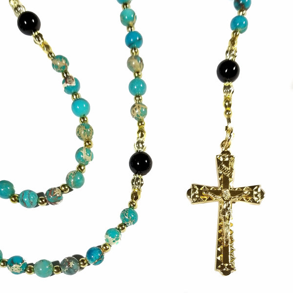 Catholic Rosary - Turquoise like Jasper beads, Gold Tone Crucifix