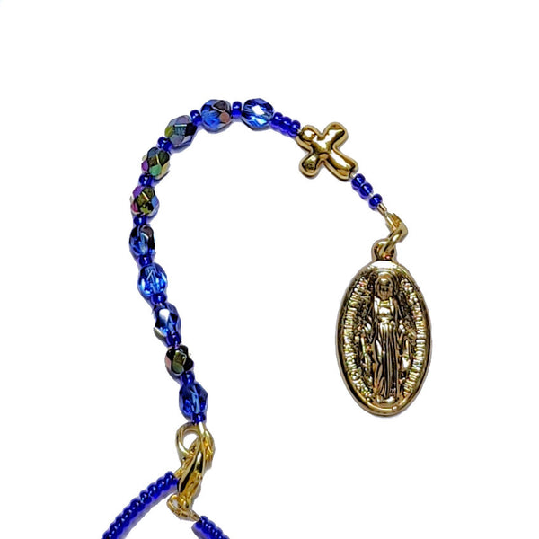 One Decade Pocket / Car Rosary - Gold Tone Miraculous Medal, Blue Glass Beads