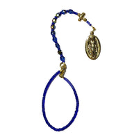 One Decade Pocket / Car Rosary - Gold Tone Miraculous Medal, Blue Glass Beads