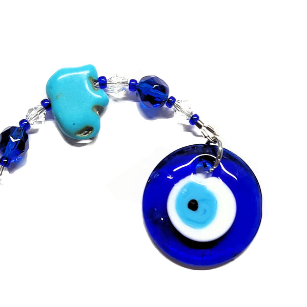 Rearview Mirror Car Charm - Small Evil Eye & Blue Turquoise Elephant