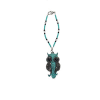 Rearview Mirror Car Charm - Blue/Green Patina Owl, Hematite