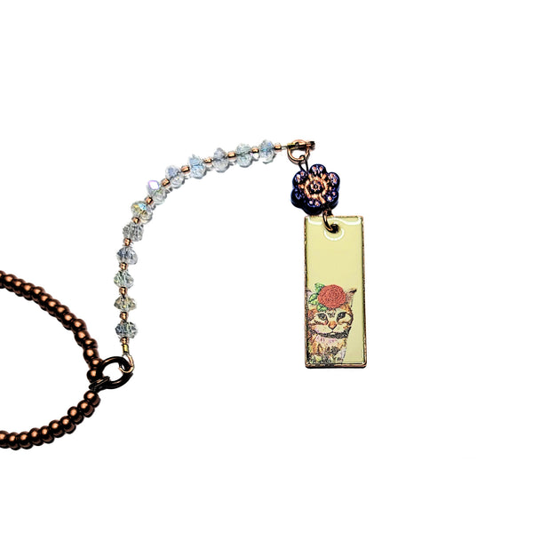 Rearview Mirror Car Charm - Cat with Rose Hat on Rectangle