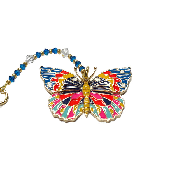 Rearview Mirror Car Charm - Bright Butterfly Pendant, Capri Blue Beads