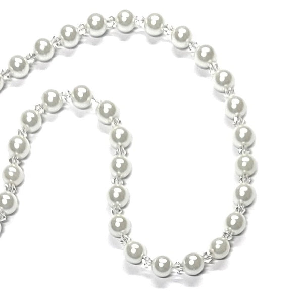 Pearl Necklace - White Faux Pearls, Clear Czech Bicones