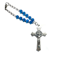 Rearview Mirror Car Charm Rosary - Capri Blue Glass Beads, St. Benedict Crucifix