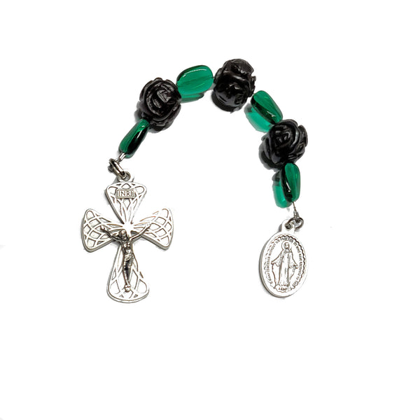Hail Mary Devotion Chaplet Pocket Rosary - Carved, Rose Shaped Jade, Teal Green