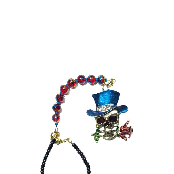 Rearview Mirror Car Charm - Skull with Blue Hat, Red Rose Flower