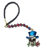 Rearview Mirror Car Charm - Skull with Blue Hat, Red Rose Flower