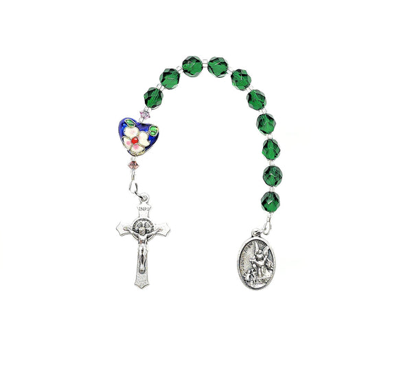 Pocket Rosary - One Decade (Tenner) Guardian Angel, Green, Cloisonné Heart
